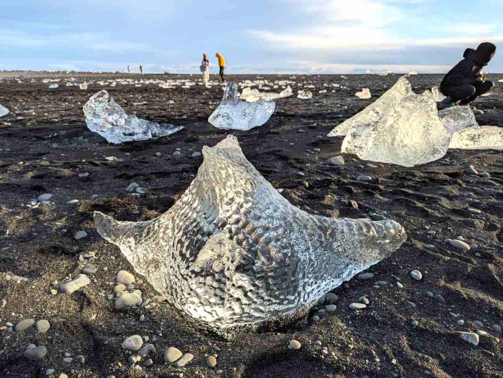 A large faceted chunk of ice shaped like a stingray on a black sand beach, with other iceberg chunks in the background