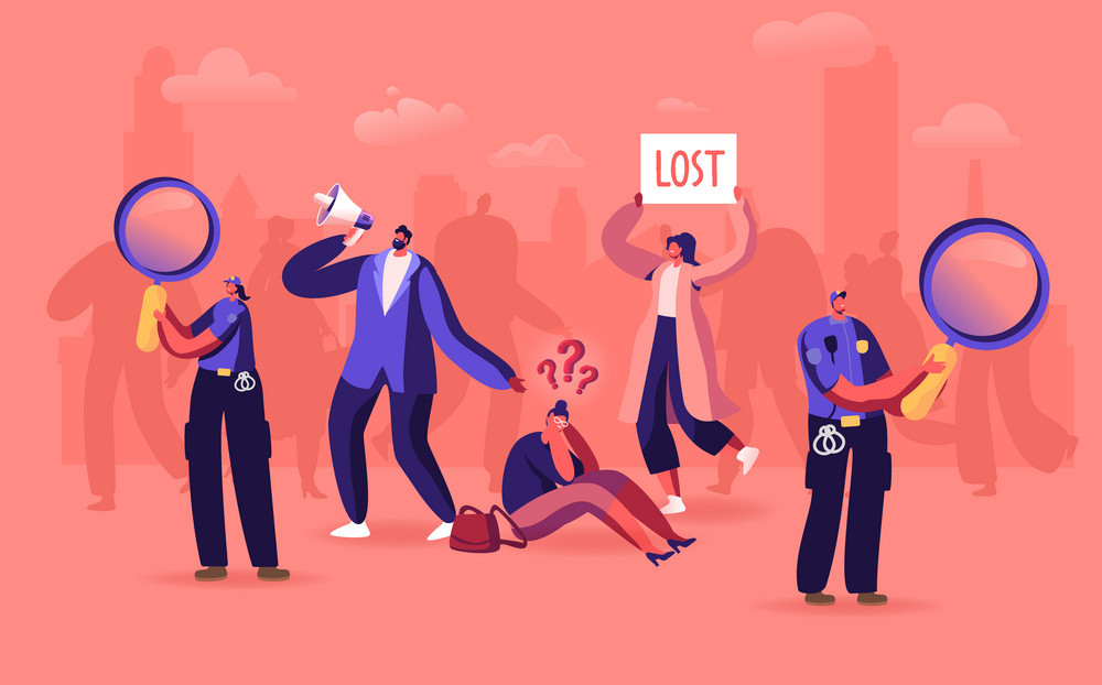 Lost in Crowd Concept, Big City Social Problem, Human Behavior in Stress Situation, Frustration and Fear. Female Character Get Lost, Police Help, Announcement. Cartoon People Vector Illustration